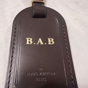 Louis Vuitton Dark Brown Leather Luggage Tag with Gold Initials B.A.B.